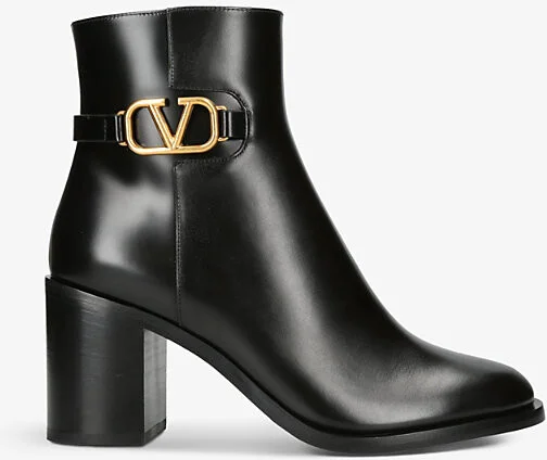 Womens Black Vlogo Logo-Plaque Leather Heeled Ankle Boots Eur 40 / 7 Uk Women
