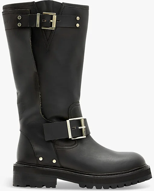 Womens Black/Warm Bra Tay Buckled Leather Knee-High Boots Eur 39 / 6 Uk Women