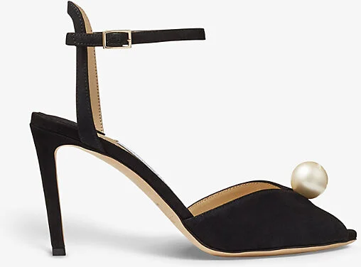 Womens Black/White Sacora 85 Faux Pearl-Sphere Suede Heeled Sandals Eur 38/5 Uk Women