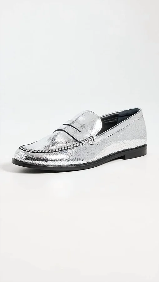 Women's Blanket Stitch Loafers In Pale Pewter Leather