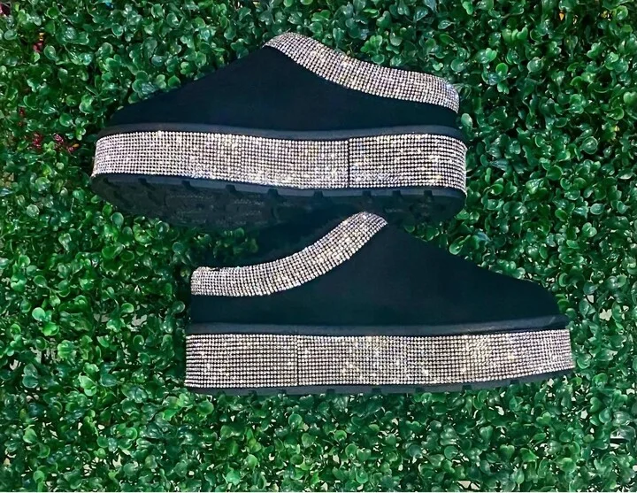 Women's Bling & Cozy Rhinestone Platform Mules In Black