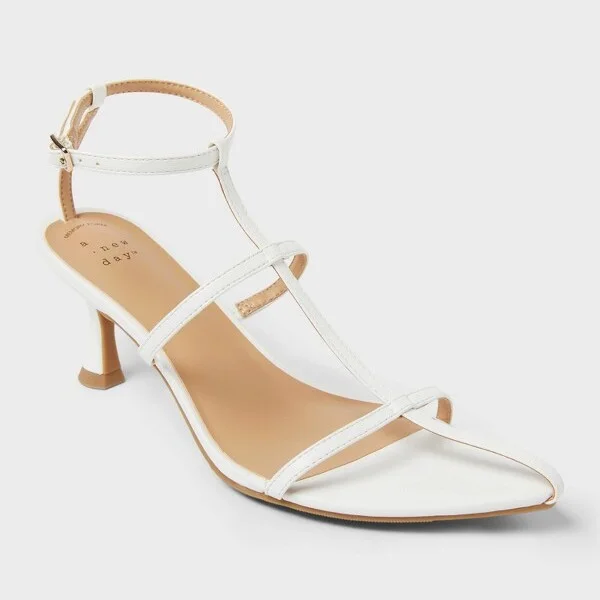 Women's Bliss Strappy Pointed Toe Heels with Memory Foam Insole - A New Day™ White : Adjustable Buckle, Louis Heel