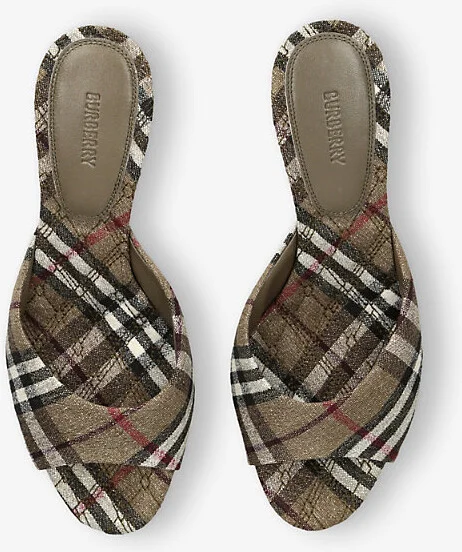 Womens Blk/Brown Check Mews Linen-Blend High-Heel Mules​ Eur 37.5 / 4.5 Uk Women - Image 2