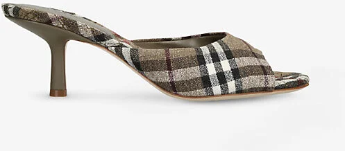 Womens Blk/Brown Check Mews Linen-Blend High-Heel Mules​ Eur 37.5 / 4.5 Uk Women