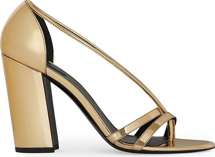 Women's Block Heeled Sandals in Mirror Effect Leather - Golden - Size 6