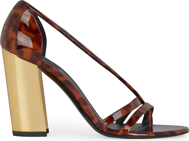 Women's Block Heeled Sandals in Tortoise Shell Patent Leather - Dark Brown Black - Size 6