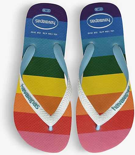 Womens Blue Top Pride Rainbow-Print Rubber Flip Flops 9/10 - Image 2