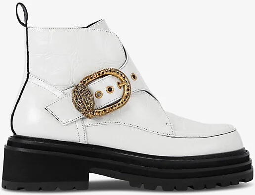 Womens Bone Mayfair Buckle-Embellished Chunky Patent-Leather Ankle Boots Eur 40 / 7 Uk Women