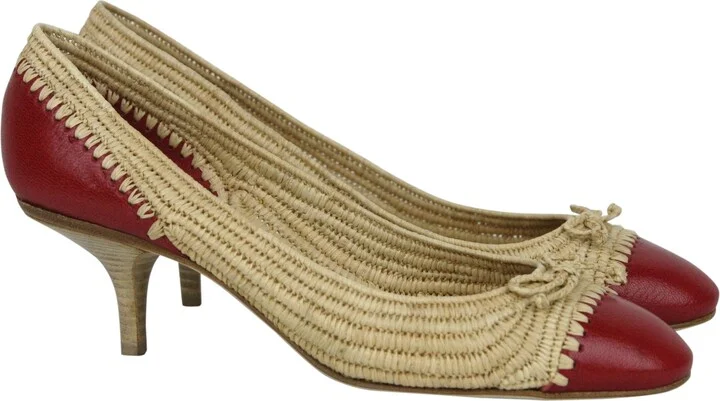Women's Bow Beige Red Straw Leather Ballet Flat 338295 9867 (39.5 EU / 9.5 US) - Image 2