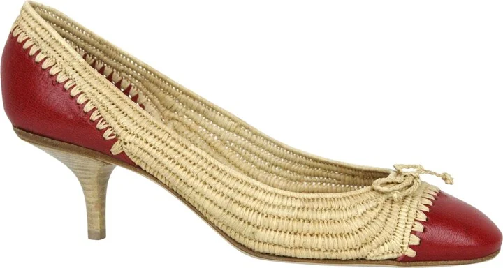 Women's Bow Beige Red Straw Leather Ballet Flat 338295 9867 (39.5 EU / 9.5 US)