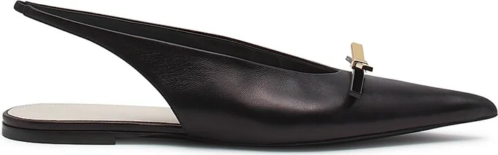 Women's Bow Leather Slingback Flats - Black - Size 5