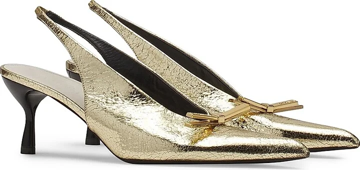 Women's Bow Slingback Pumps in Crackled Metallic Leather - Gold - Size 6 - Image 2