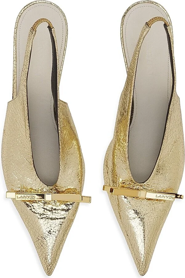 Women's Bow Slingback Pumps in Crackled Metallic Leather - Gold - Size 6 - Image 4
