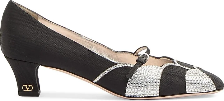 Women's Bowow 45MM Pumps in Moirè Fabric with Crystals - Black Silver - Size 9