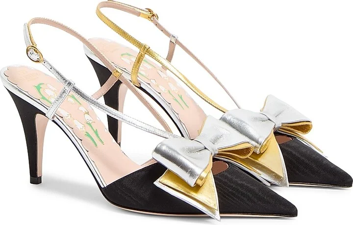 Women's Bowow Slingback 85MM Pumps in Moirè Fabric - Blacksilver Antique Gold - Size 7 - Image 2