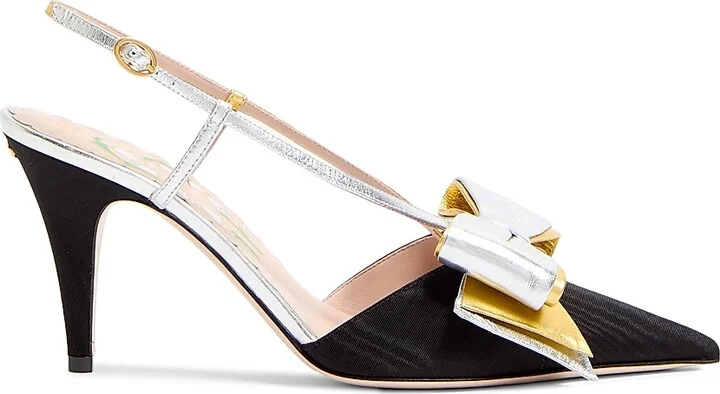 Women's Bowow Slingback 85MM Pumps in Moirè Fabric - Blacksilver Antique Gold - Size 7