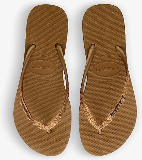 Womens Bronze Slim Flatform Glitter-Strap Rubber Flip-Flops 3/4 - Image 2