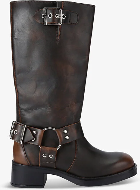Womens Brown Beau Buckle-Embellished Leather Boots Eur 39 / 6 Uk Women