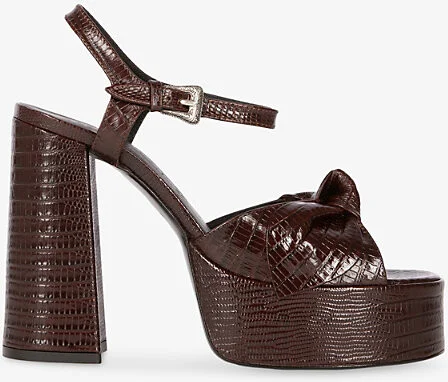 Womens Brown Bow-Embellished Lizard-Embossed Leather Platform Sandals Eur 37 / 4 Uk Women