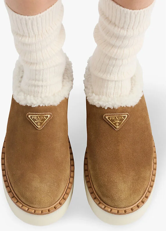 Womens Brown Brand-Plaque Shearling-Lined Suede Mules Eur 39.5 / 6.5 Uk Women - Image 2