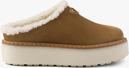 Womens Brown Brand-Plaque Shearling-Lined Suede Mules Eur 39.5 / 6.5 Uk Women