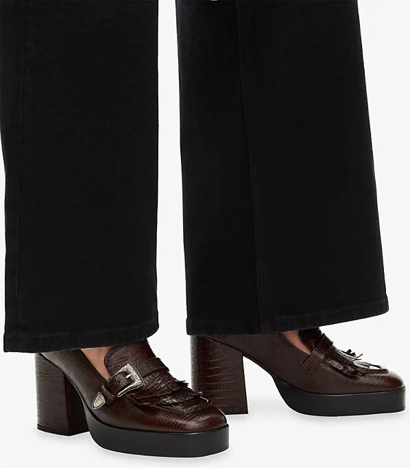 Womens Brown Buckle-Embellished Lizard-Embossed Leather Block-Heel Loafers Eur 36 / 3 Uk Women - Image 2
