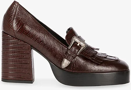 Womens Brown Buckle-Embellished Lizard-Embossed Leather Block-Heel Loafers Eur 36 / 3 Uk Women