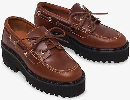 Womens Brown Chunky-Sole Lace-Up Leather Boat Shoes Eur 38/5 Uk Women - Image 2