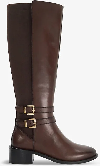 Womens Brown Leather Tatter Double-Buckle Flat Leather Knee-High Boots Eur 38.5 / 5.5 Uk Women
