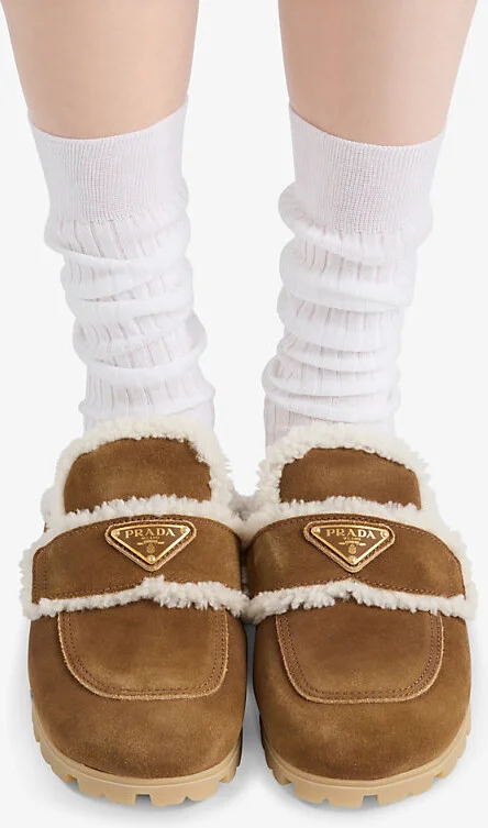 Womens Brown Lugged-Sole Triangle-Plaque Suede and Shearling Slippers Eur 35 / 2 Uk Women - Image 2