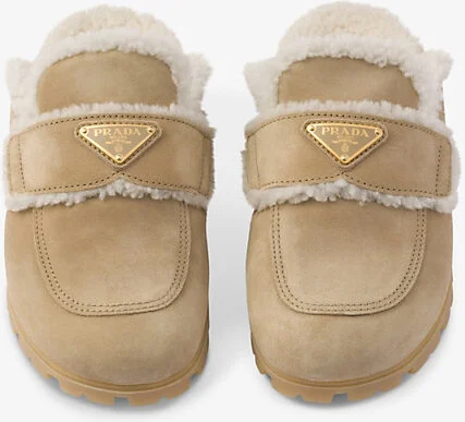Womens Brown Lugged-Sole Triangle-Plaque Suede and Shearling Slippers Eur 35 / 2 Uk Women - Image 3