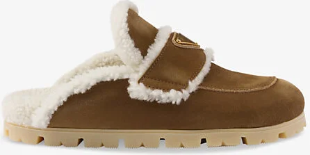 Womens Brown Lugged-Sole Triangle-Plaque Suede and Shearling Slippers Eur 35 / 2 Uk Women