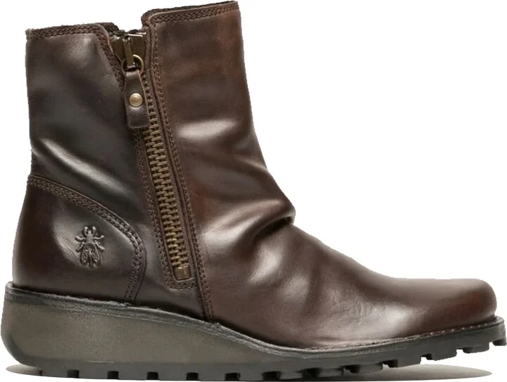 Womens Brown MON944 Leather Wedge Heel Ankle Zip Up Chelsea Boots