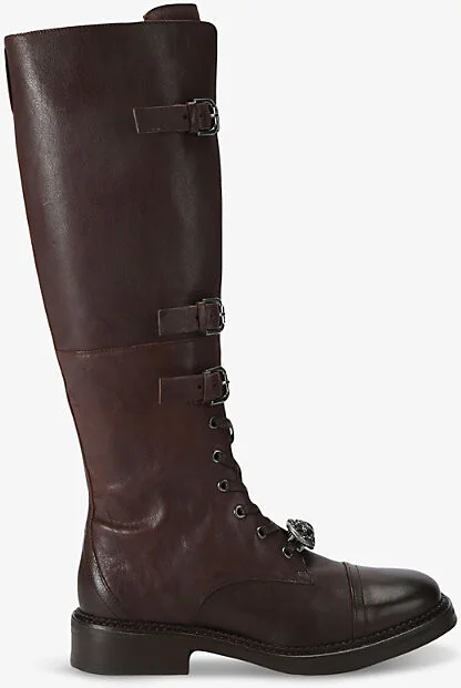 Womens Brown Monument Strap-Embellished Leather Knee-High Boots Eur 40 / 7 Uk Women