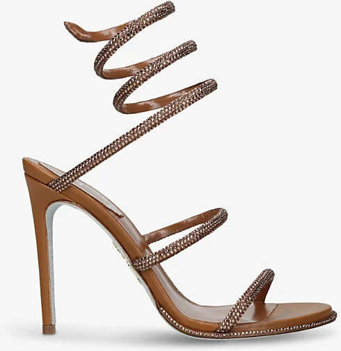 Womens Brown/Oth Cleo 105 Crystal-Embellished Leather Heeled Sandals Eur 39.5 / 6.5 Uk Women