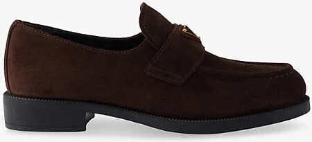 Womens Brown Triangle Logo-Plaque Suede Loafers Eur 38.5 / 5.5 Uk Women