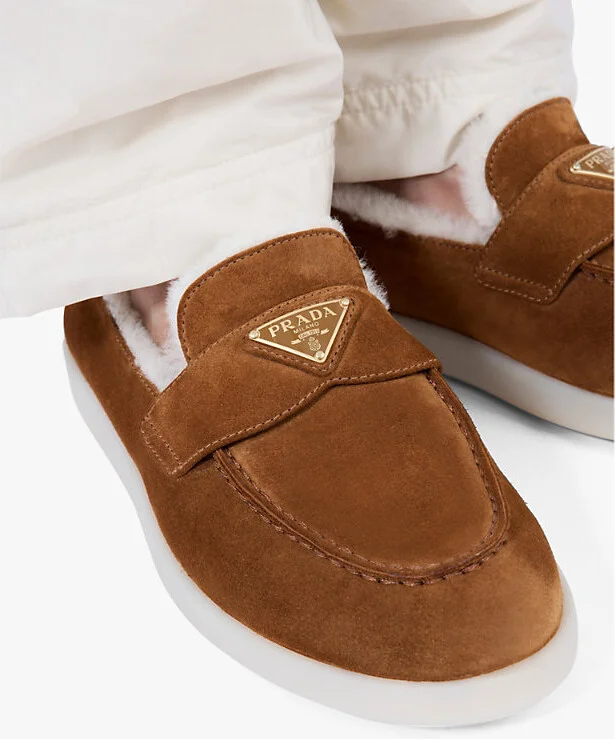 Womens Brown Triangle-Plaque Suede and Shearling Loafers Eur 41.5 / 8.5 Uk Women - Image 2