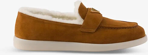 Womens Brown Triangle-Plaque Suede and Shearling Loafers Eur 41.5 / 8.5 Uk Women