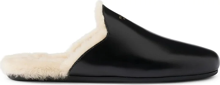 Women's Brushed Leather and Shearling Mules - Black - Size 7.5