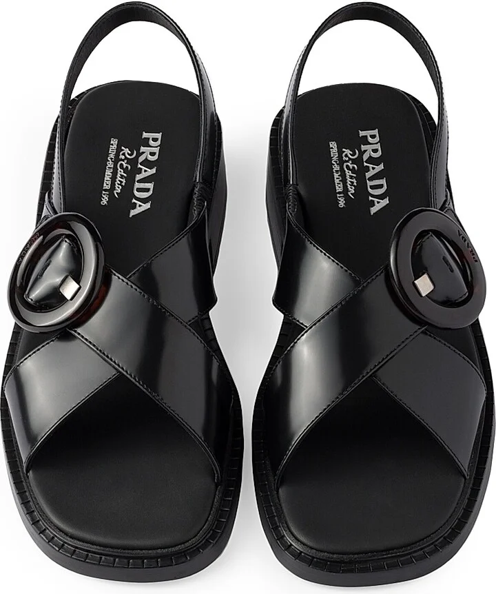 Women's Brushed Leather Sandals with Buckle - Black - Size 7 - Image 2