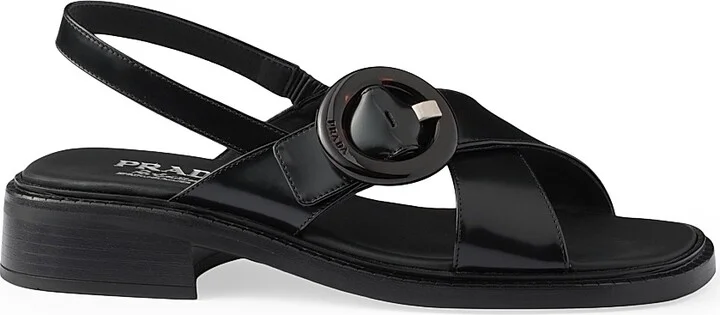 Women's Brushed Leather Sandals with Buckle - Black - Size 7