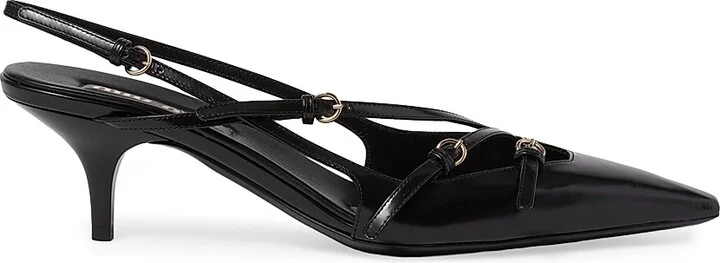 Women's Brushed Leather Slingback Pumps with Buckles - Black - Size 6