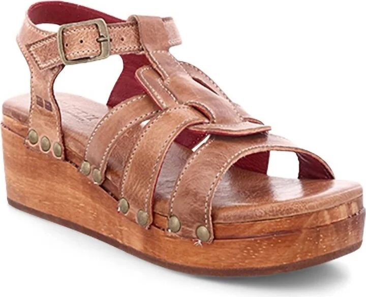 Women's Buckle Ankle Strap Wooden Wedge Sandal In Cafe Latte Rustic