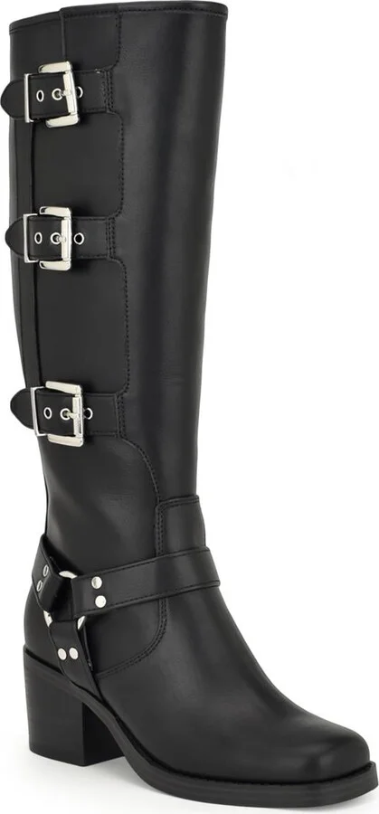 Womens Buckle Faux Leather Knee-High Boots