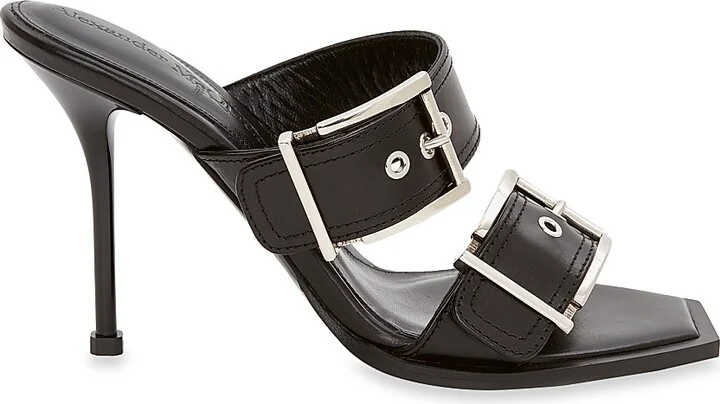 Women's Buckle Leather Mules - Black - Size 8.5