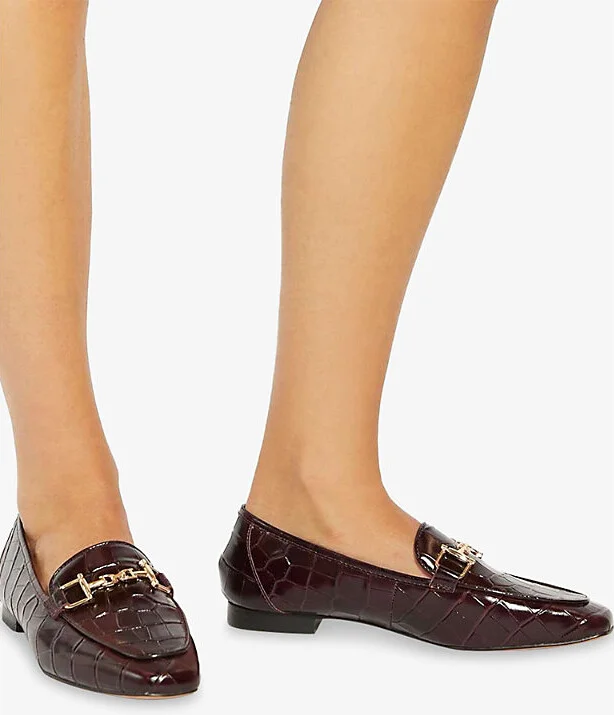 Womens Burgundy Croc Leather Grained Snaffle-Trim Leather Loafers Eur 40 / 7 Uk Women - Image 2