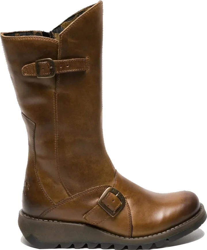 Womens Camel MES 2 Wedge Heel Buckle Mid-Calf Leather Zip Platform Boots