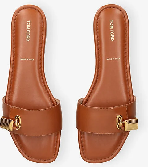 Womens Camel Padlock Leather Flat Slides Eur 41 / 8 Uk Women - Image 2