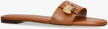 Womens Camel Padlock Leather Flat Slides Eur 41 / 8 Uk Women