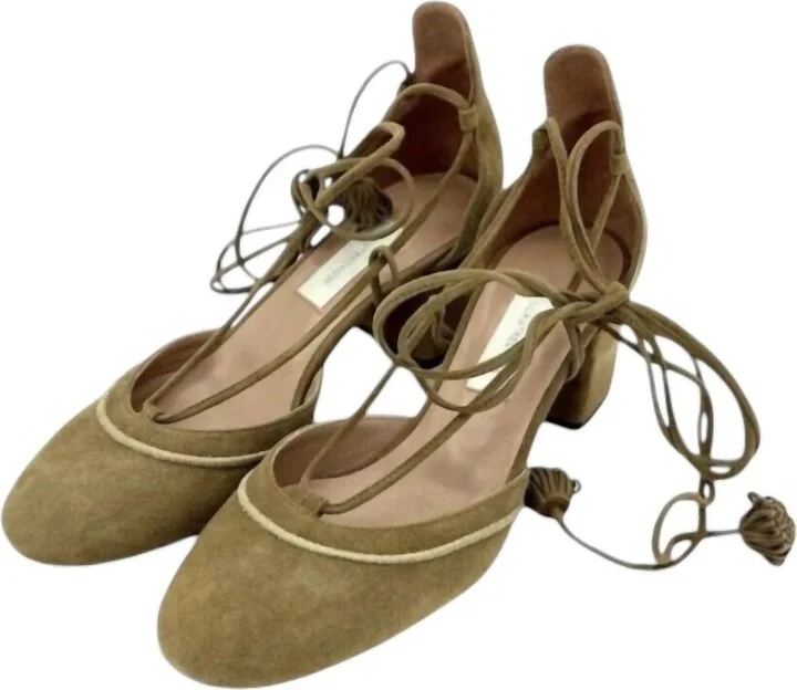 Women's Camel Suede Leather Tasseled Ankle Wrap Heels In Camel Brown